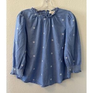 LOFT Women's Top Size Small Blue Embroidered Long Sleeve Ruffle Neck Cottage